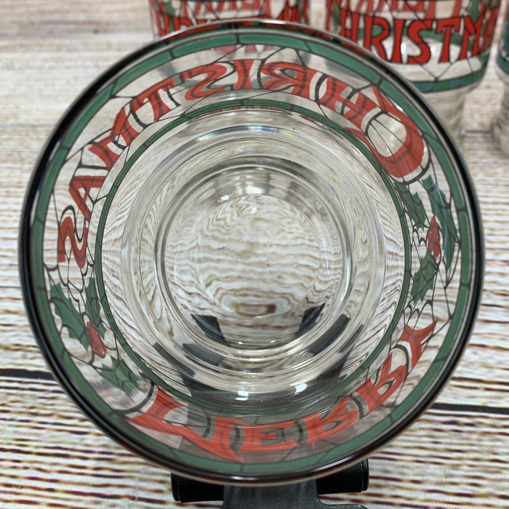 Merry Christmas Drink Glasses Set of 4 Stained Glass Style Holiday Barware - Picture 5 of 8